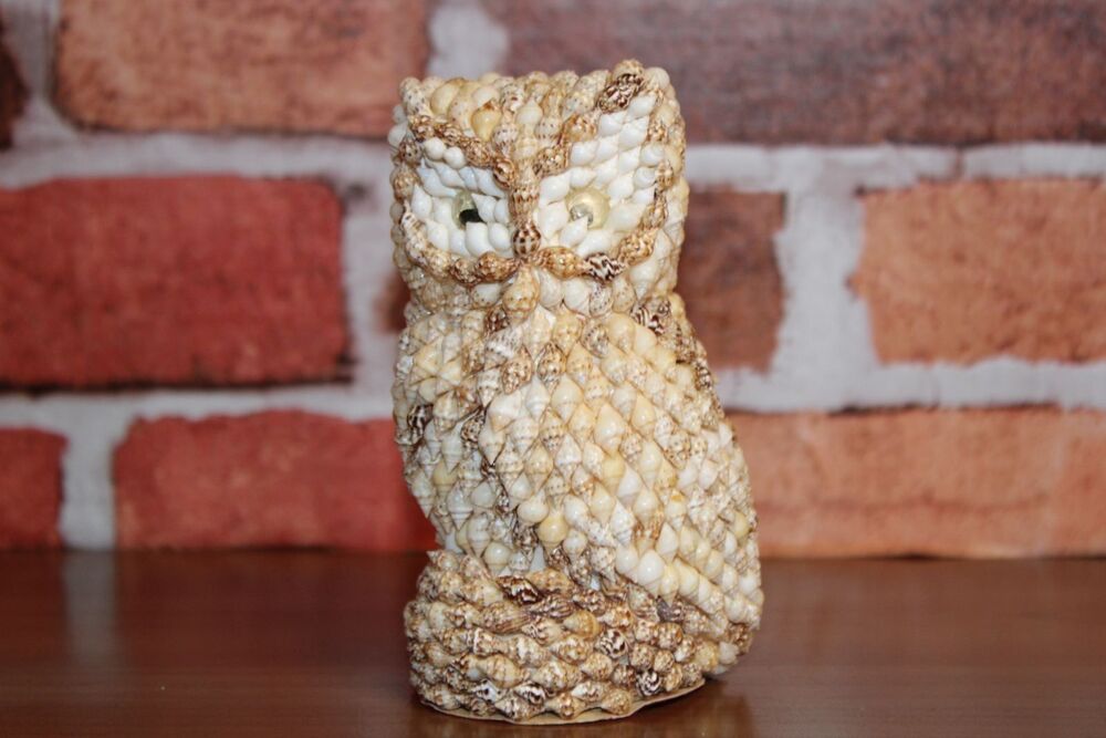 Vintage Owl Seashell Art Statue Figurine Shells